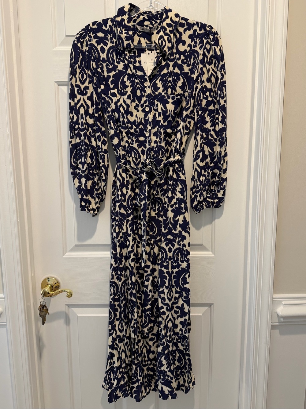 Zara Long Sleeve Midi Dress Size Large Blue White Damask Belted NWT